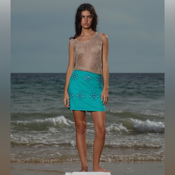 Zara beaded mini skirt high waisted turquoise nwt - Picture 3 of 11